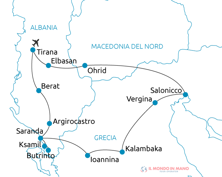 Mappa itinerario tour Albania Grecia e Macedonia del Nord