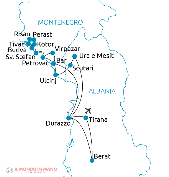 Mappa itinerario tour Albania e Montenegro