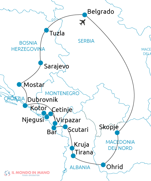 Mappa itinerario tour Balcani 6 paesi