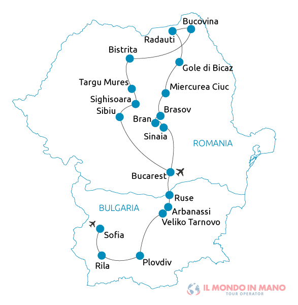 Mappa itinerario tour Bulgaria Romania